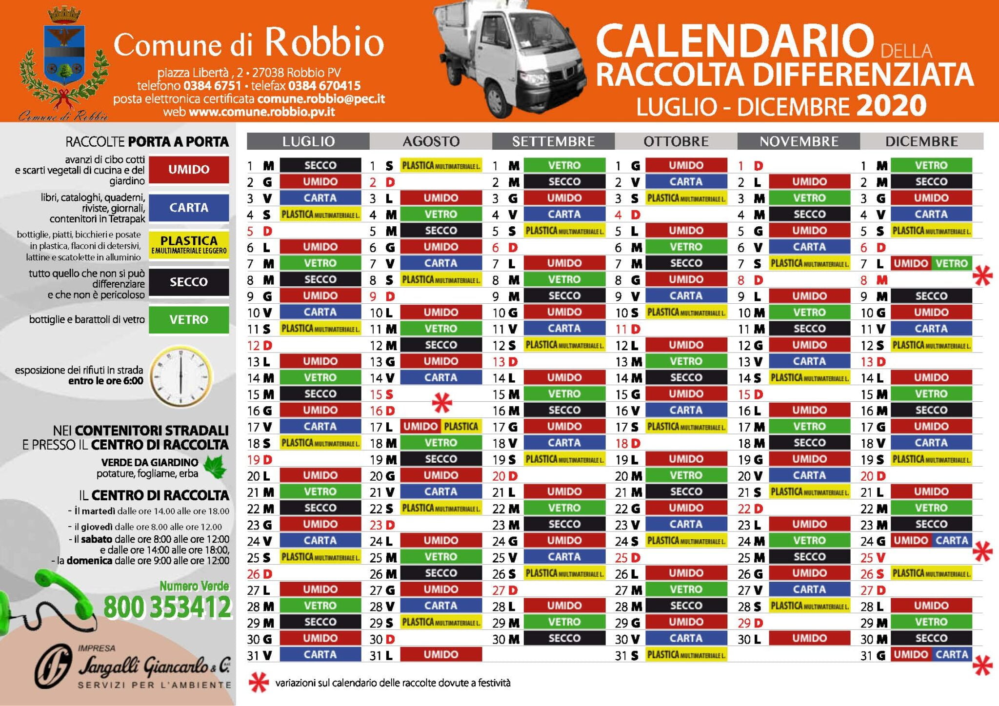 Calendario raccolta differenziata Comune di Robbio