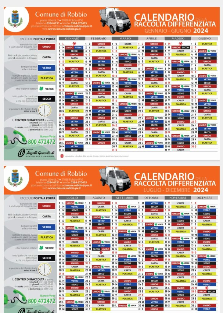 Calendario raccolta differenziata e servizio ritiro porta aperta