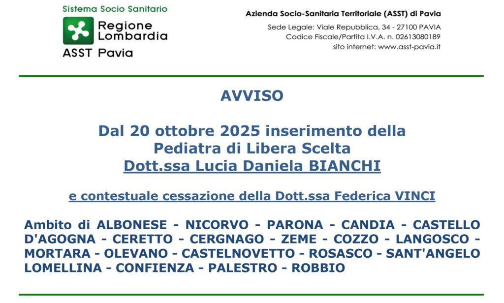 AVVISO: Dal 20 ottobre 2025 inserimento della Pediatra di Libera Scelta Dott.ssa Lucia Daniela BIANCHI e contestuale cessazione della Dott.ssa Federica VINCI