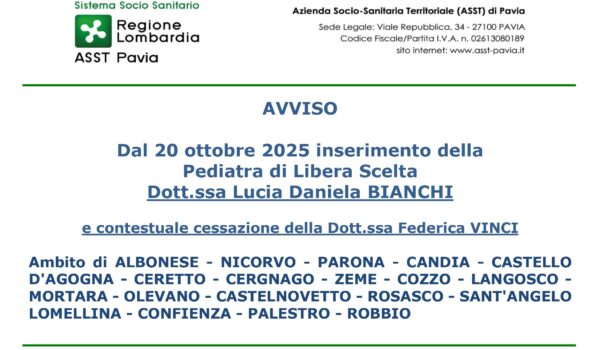 AVVISO: Dal 20 ottobre 2025 inserimento della Pediatra di Libera Scelta Dott.ssa Lucia Daniela BIANCHI e contestuale cessazione della Dott.ssa Federica VINCI