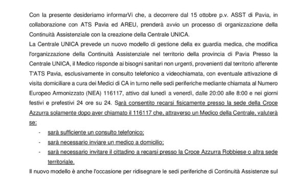 NUOVA ORGANIZZAZIONE DELLA CONTINUITÀ ASSISTENZIALE – EX GUARDIA MEDICA