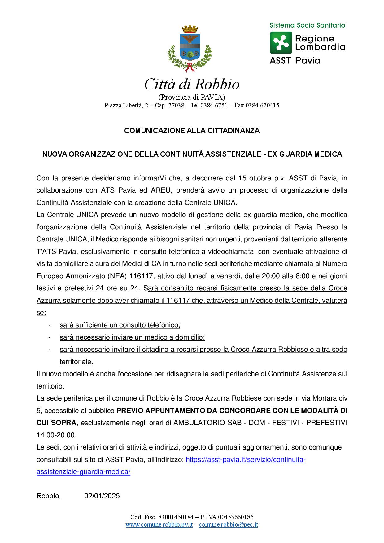 NUOVA ORGANIZZAZIONE DELLA CONTINUITÀ ASSISTENZIALE – EX GUARDIA MEDICA