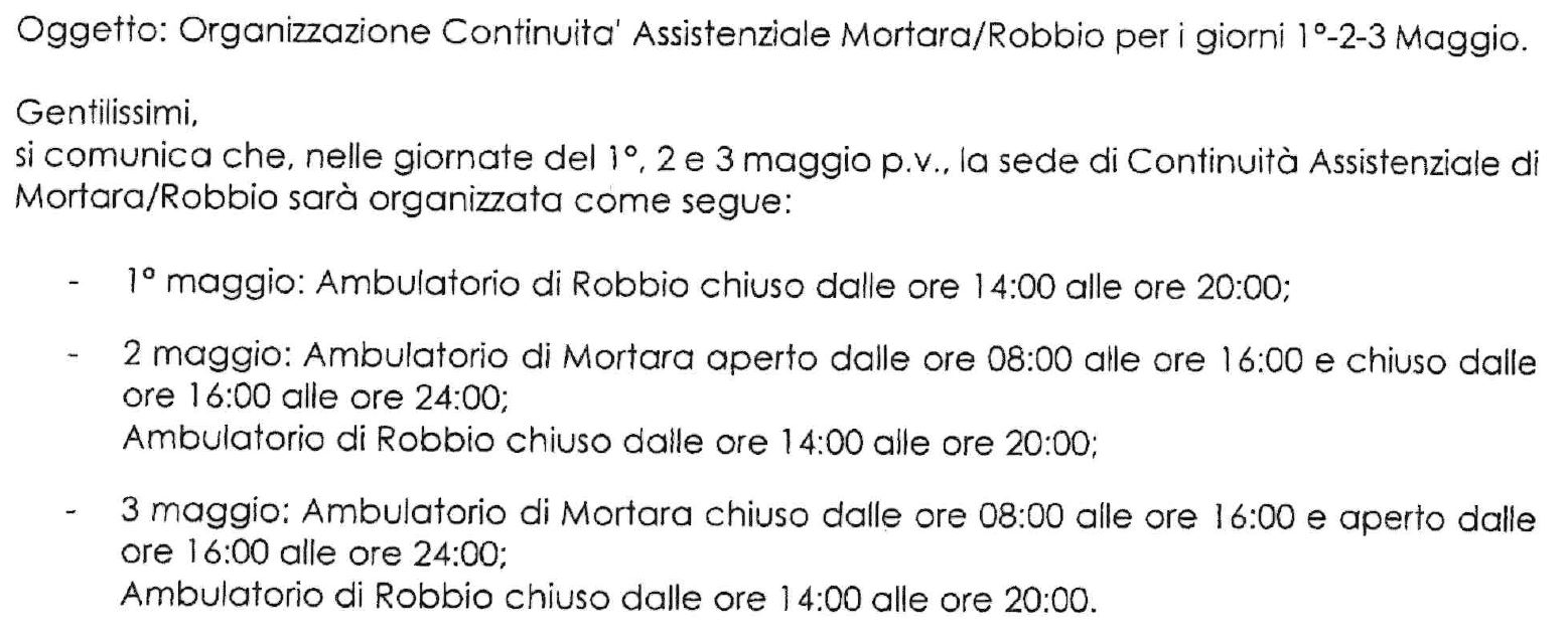 ORGANIZZAZIONE DELLA CONTINUITÀ ASSISTENZIALE MORTARA ROBBIO 1-2-3 MAGGIO